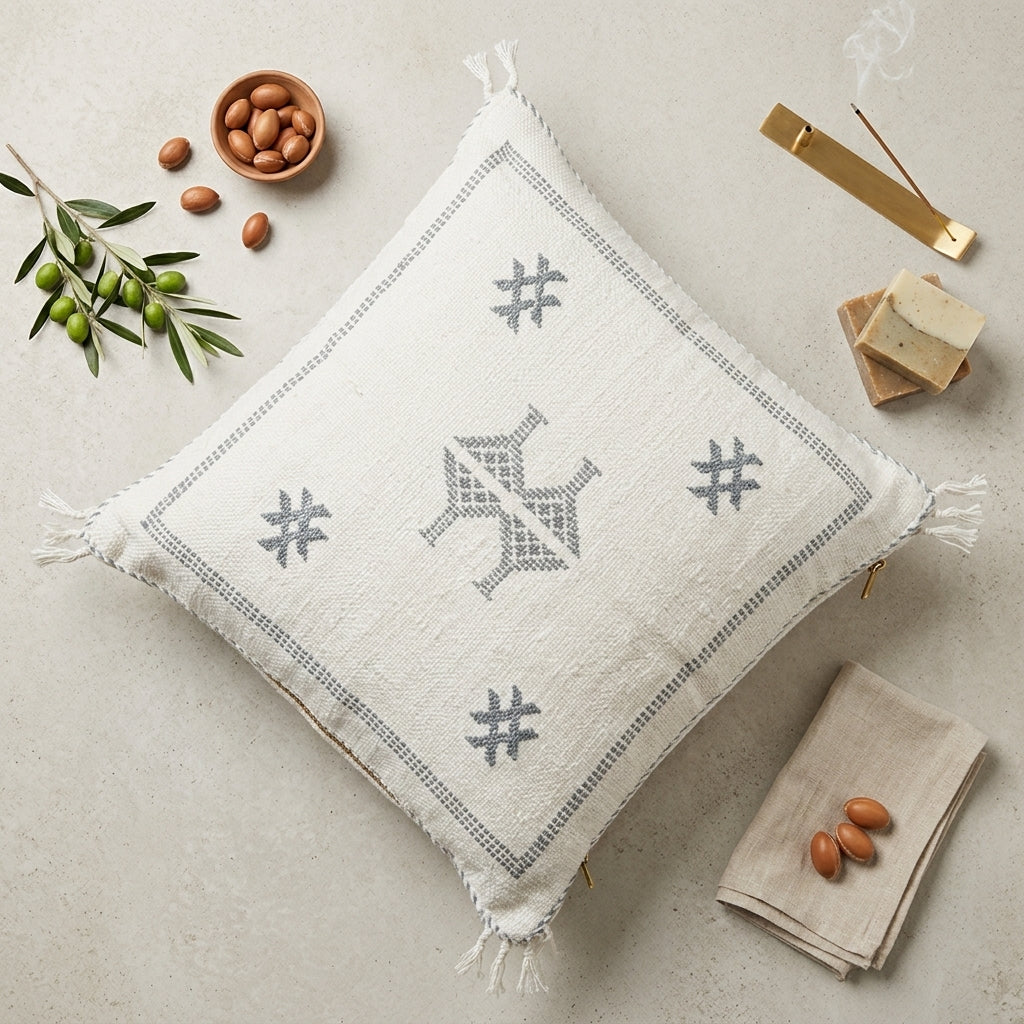 Coussin Sabra Blanc Gris & Broderies Berbères | Yamiriam
