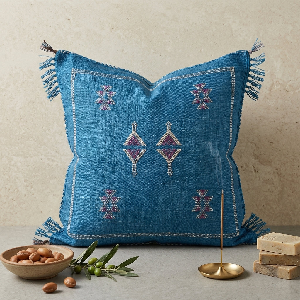 Coussin Sabra Bleu Indigo & Broderies Berbères | Yamiriam