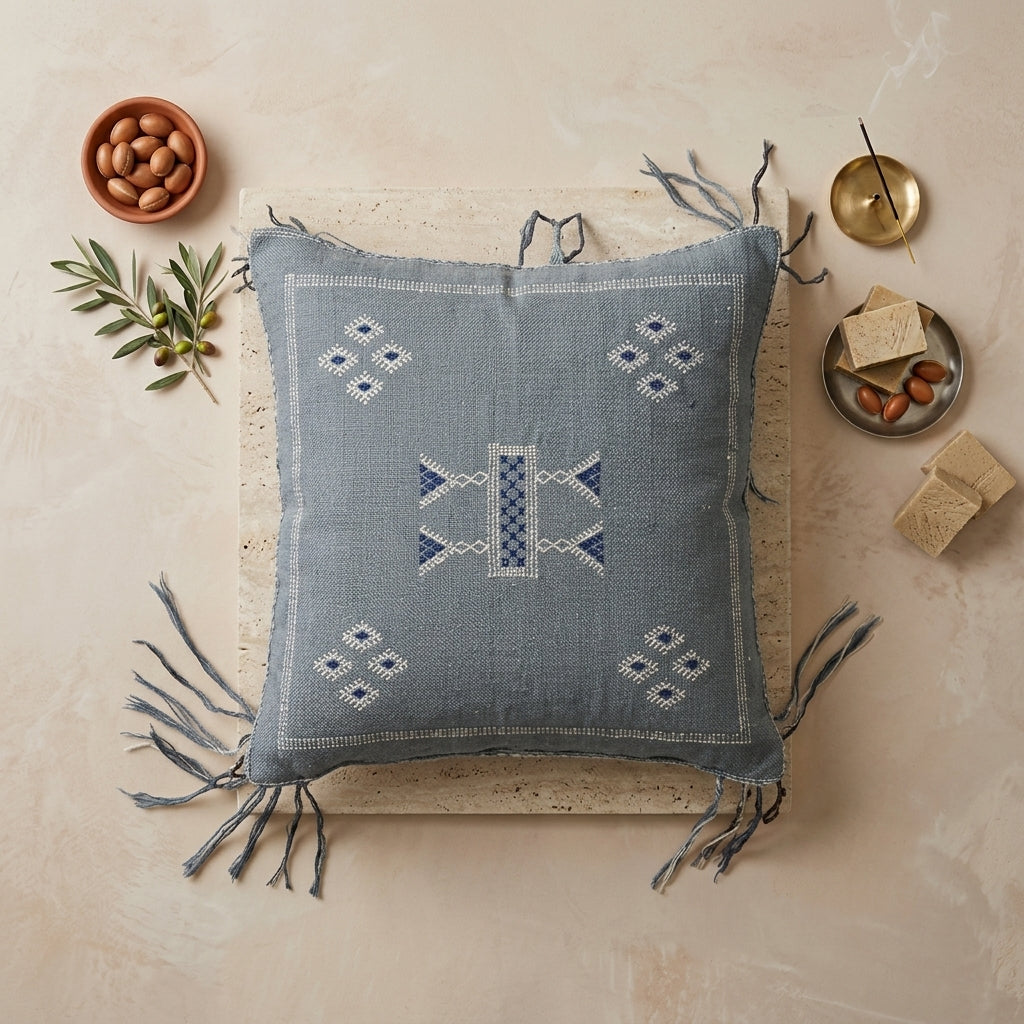Coussin Sabra Gris Clair & Broderies Berbères | Yamiriam