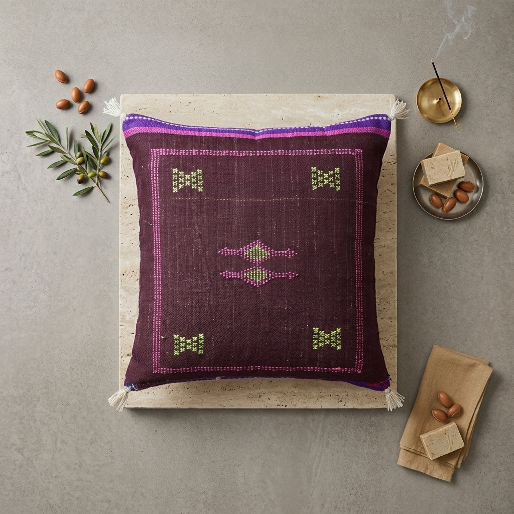 Coussin Sabra Marron Prune & Broderies Berbères | Yamiriam