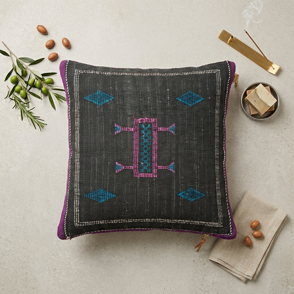 Coussin Sabra Noir Violet & Broderies Berbères | Yamiriam
