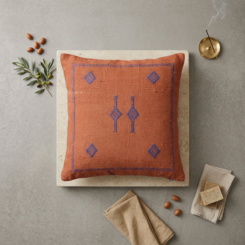 Coussin Sabra Orange Brique & Broderies Bleues | Yamiriam