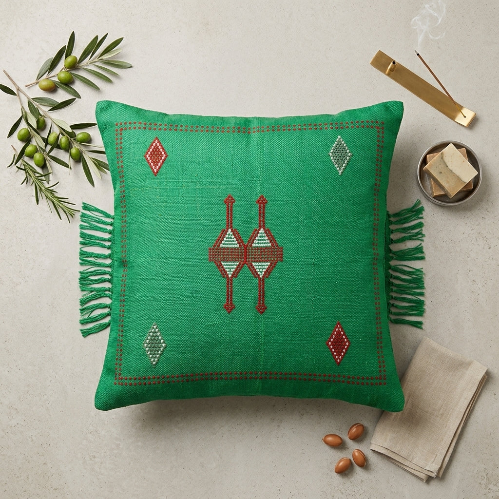 Coussin Sabra Vert & Broderies Berbères | Yamiriam