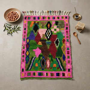 Tapis Boujad Boucherouite Vert & Rose Vif | Yamiriam