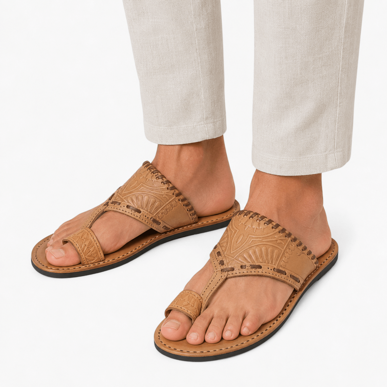 Sandales Artisanales Homme Louzi en Cuir Beige | Confort Été – Yamiriam1