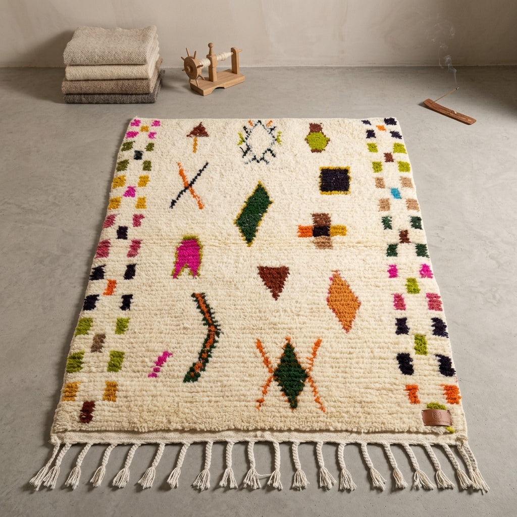Tapis Azilal Bordures Damier & Symboles Dispersés | Yamiriam