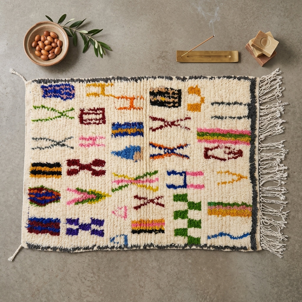 Tapis Azilal Bordures Sombres & Motifs Multicolores | Yamiriam