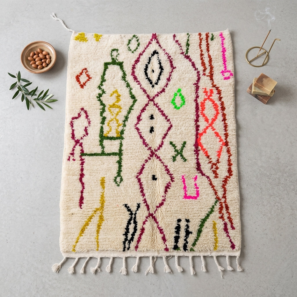 Tapis Azilal Losanges Fuchsia & Lignes Sinueuses | Yamiriam