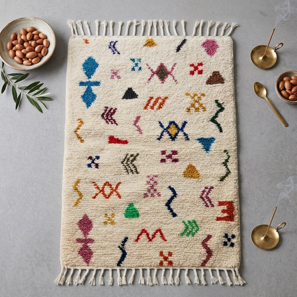 Tapis Azilal Symboles Amazighs & Fond Crème | Yamiriam