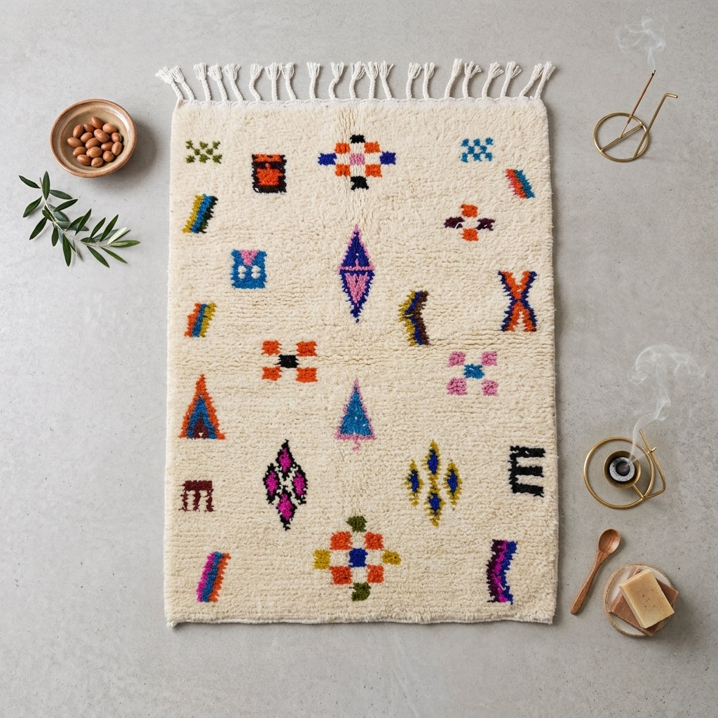 Tapis Azilal Symboles Géométriques & Motifs Colorés | Yamiriam