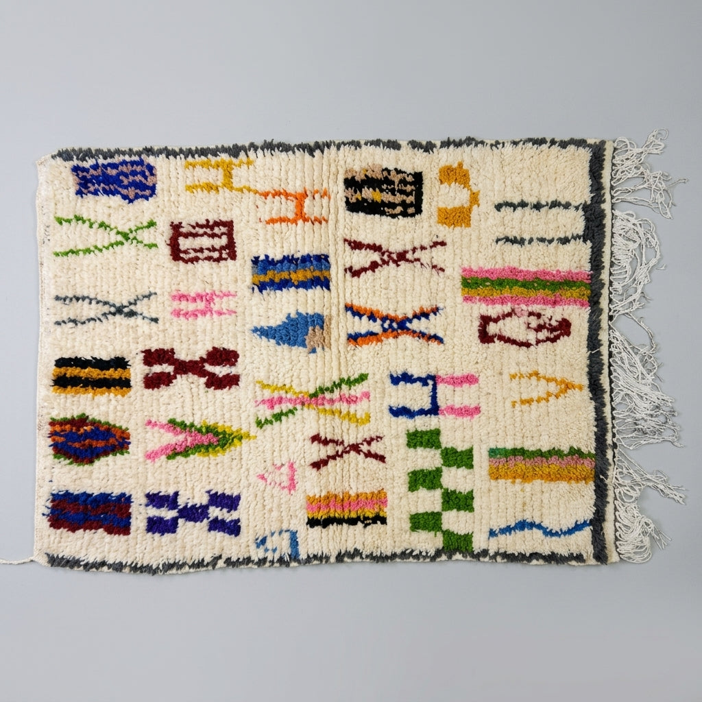 Tapis Azilal Symboles Multicolores & Bordure Sombre | Yamiriam