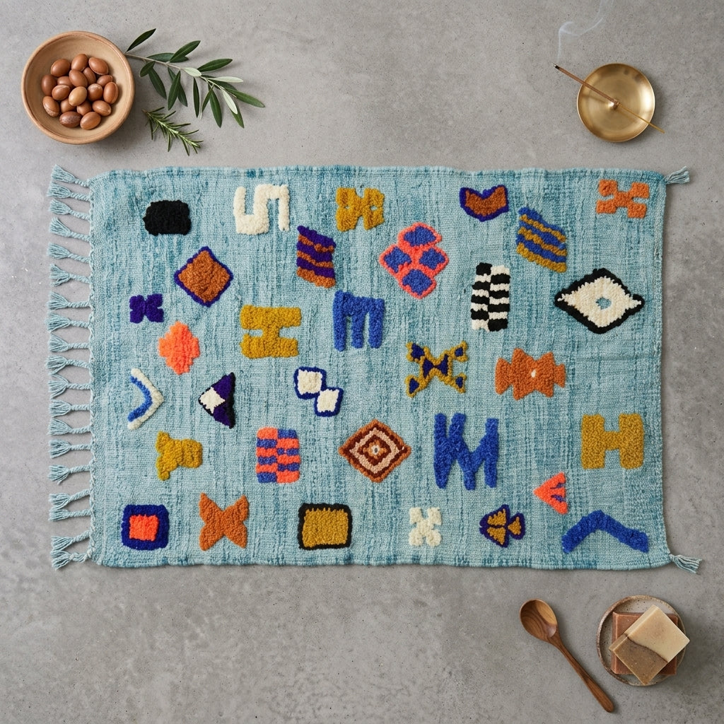 Tapis Azilal Taznakht Bleu Ciel & Motifs Berbères | Yamiriam