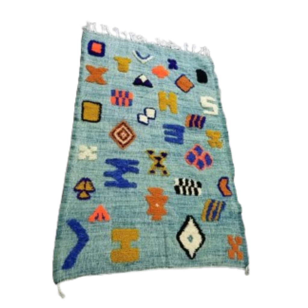 Tapis Azilal Taznakht Bleu Ciel & Motifs Berbères | Yamiriam
