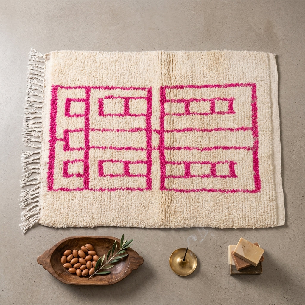 Tapis Beni Ourain Cadres Rose Fuchsia & Motifs | Yamiriam
