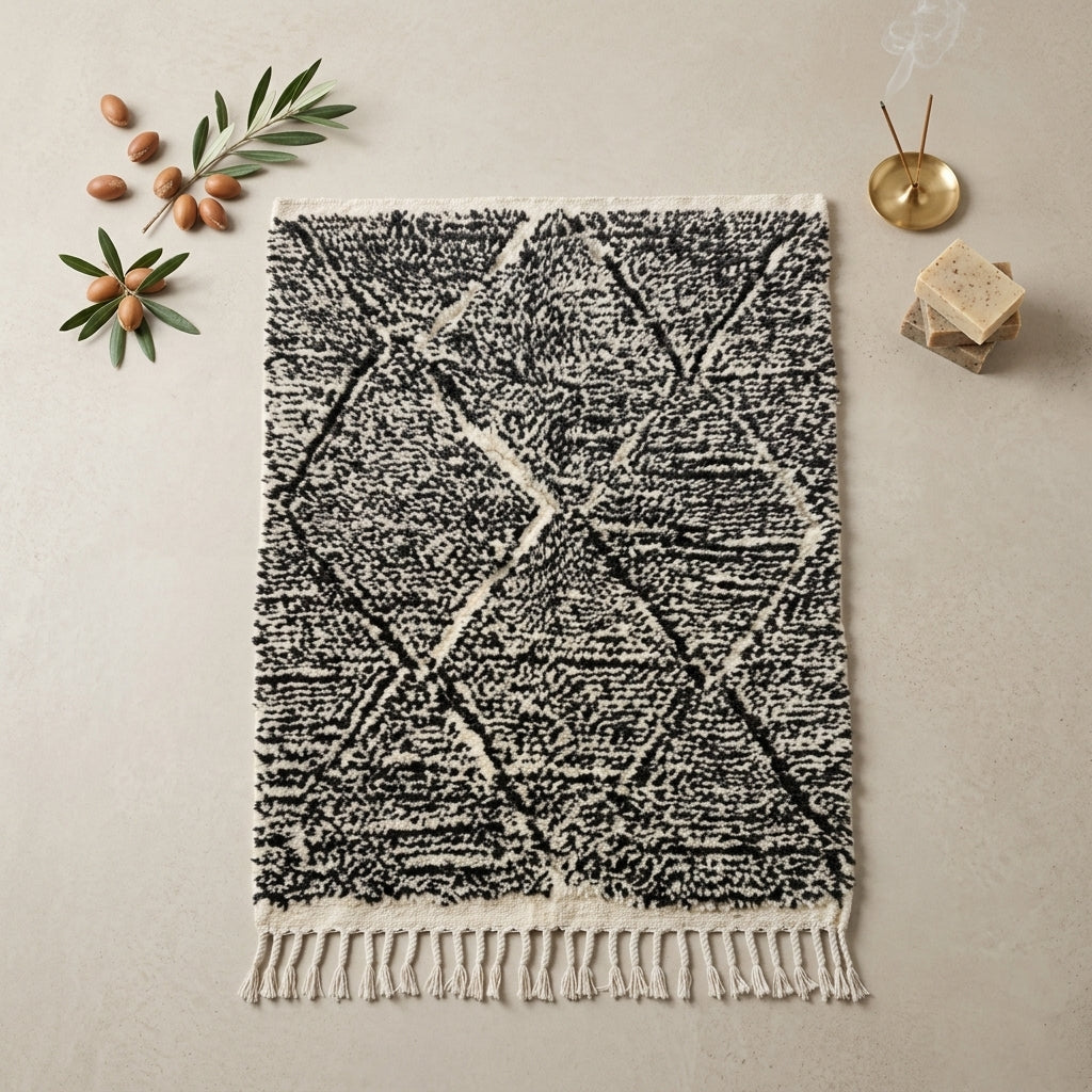 Tapis Beni Ourain Noir Gris & Losanges Blancs | Yamiriam