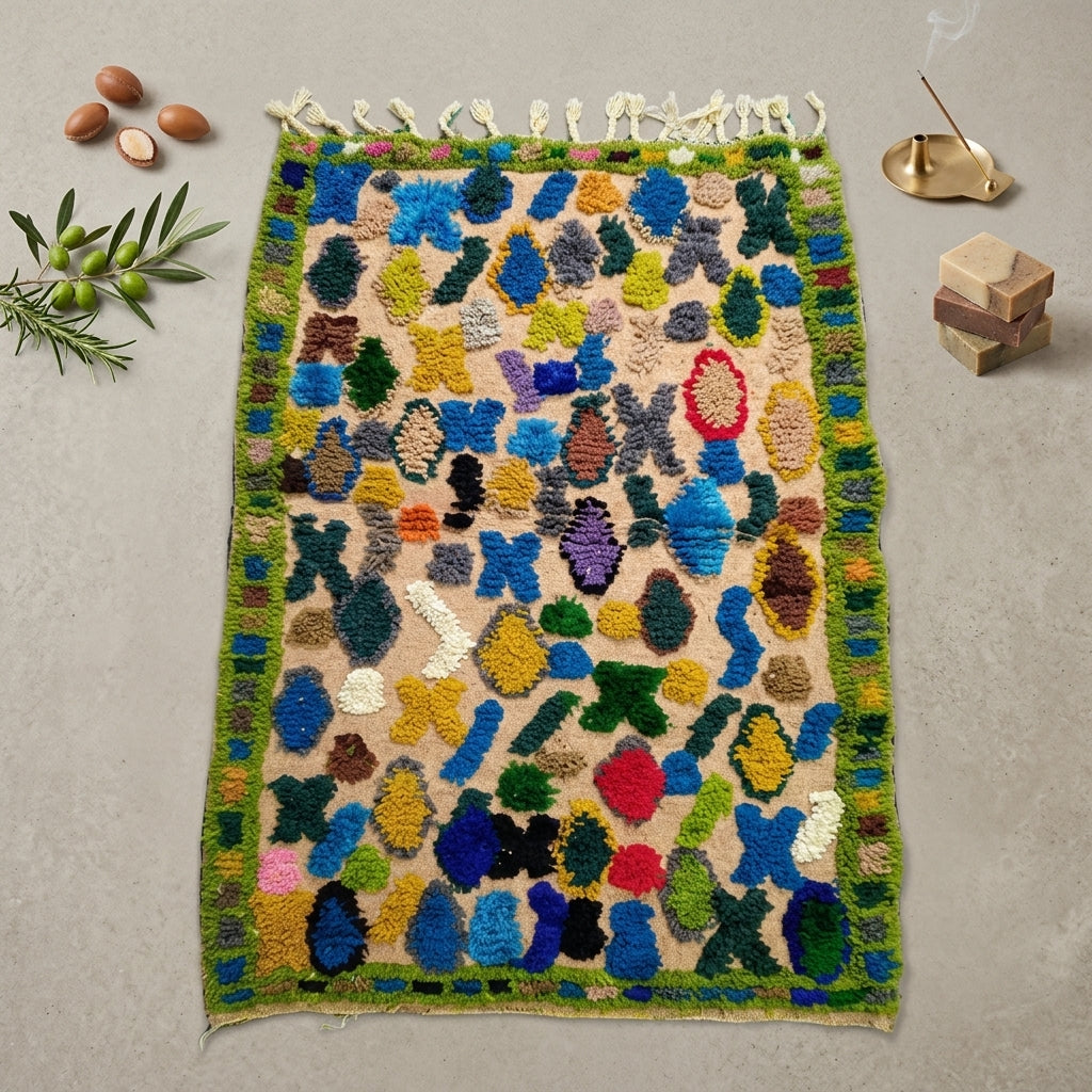 Tapis Boucherouite Azilal Beige & Formes Abstraites | Yamiriam