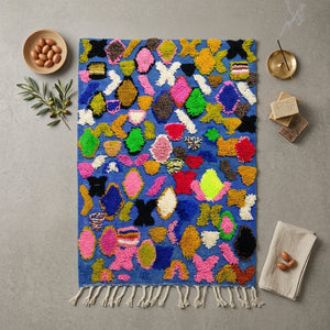 Tapis Boucherouite Bleu & Motifs Abstraits Colorés | Yamiriam