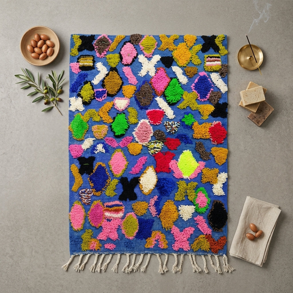 Tapis Boucherouite Bleu & Motifs Abstraits Colorés | Yamiriam