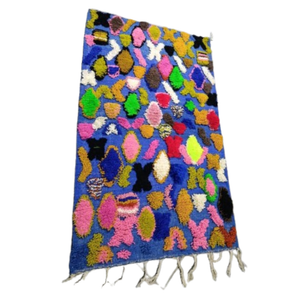 Tapis Boucherouite Bleu & Motifs Abstraits Colorés | Yamiriam