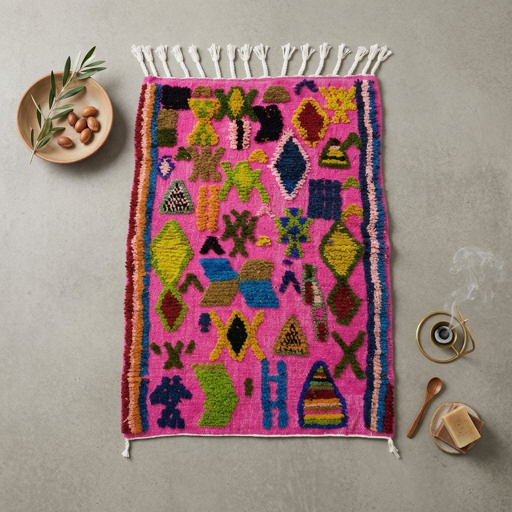 Tapis Boujad Azilal Rose Bonbon & Motifs Berbères | Yamiriam