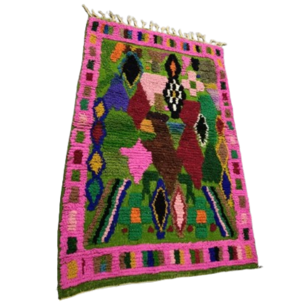 Tapis Boujad Boucherouite Vert & Rose Vif | Yamiriam
