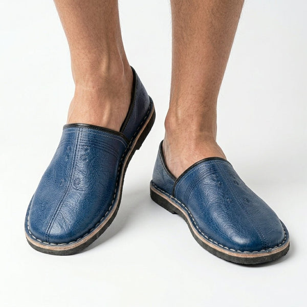 Babouches Marocaines Bleu Indigo | Cuir Véritable Homme - YaMiriam