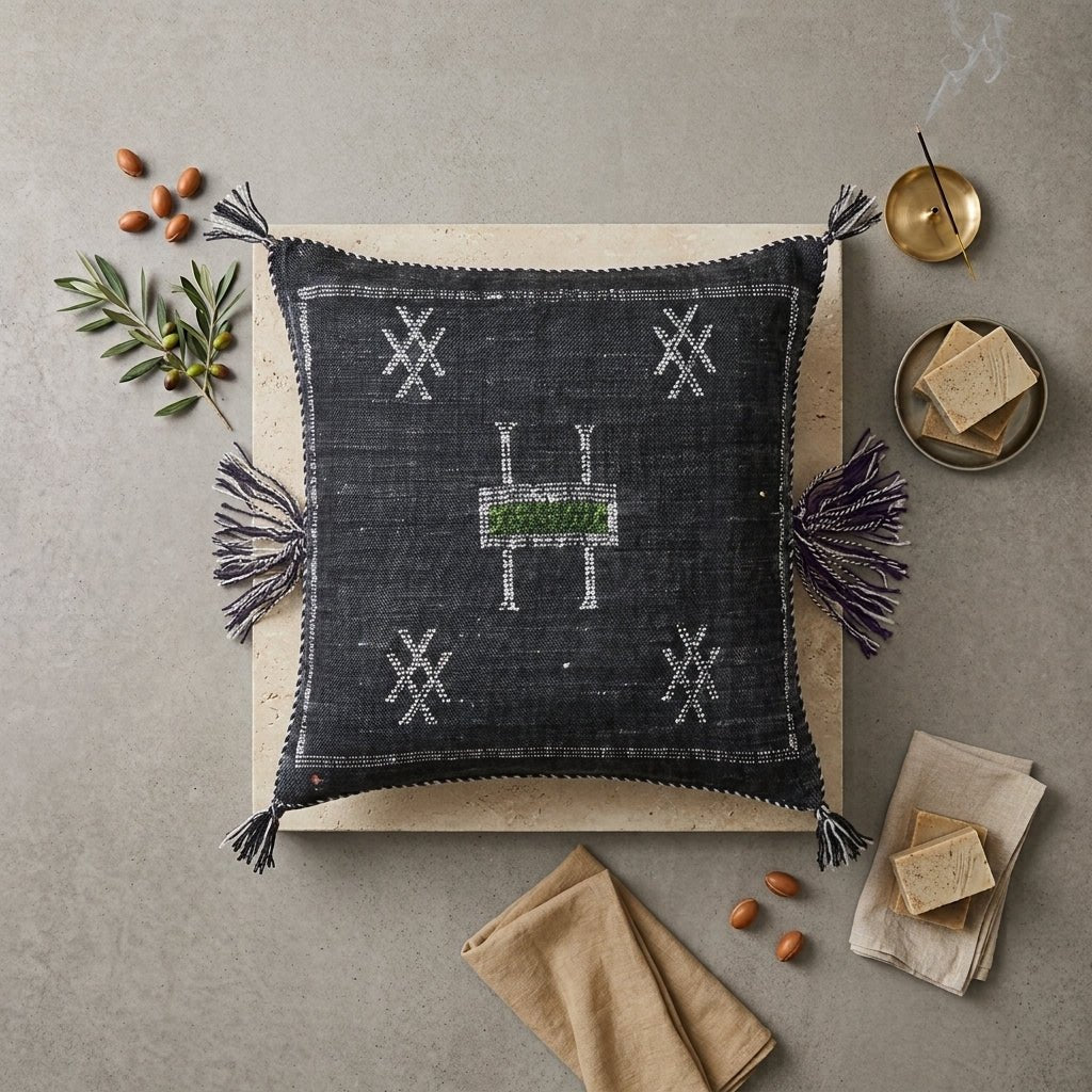 Coussin Sabra Noir Gris & Broderies Berbères | Yamiriam - YaMiriam