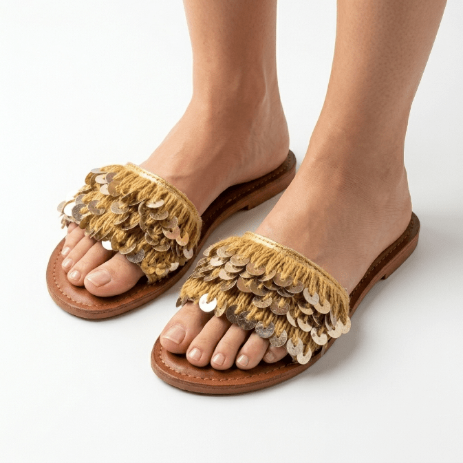 Mules Bohèmes en Cuir et Franges avec Sequins Dorés - Fait Main Maroc - YaMiriam