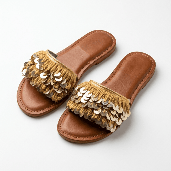 Mules Bohèmes en Cuir et Franges avec Sequins Dorés - Fait Main Maroc - YaMiriam