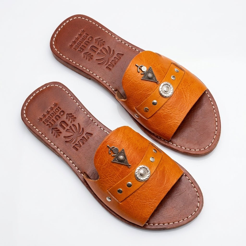 Mules en Cuir Caramel Fauve - Artisanat Cuir Idrissi - YaMiriam