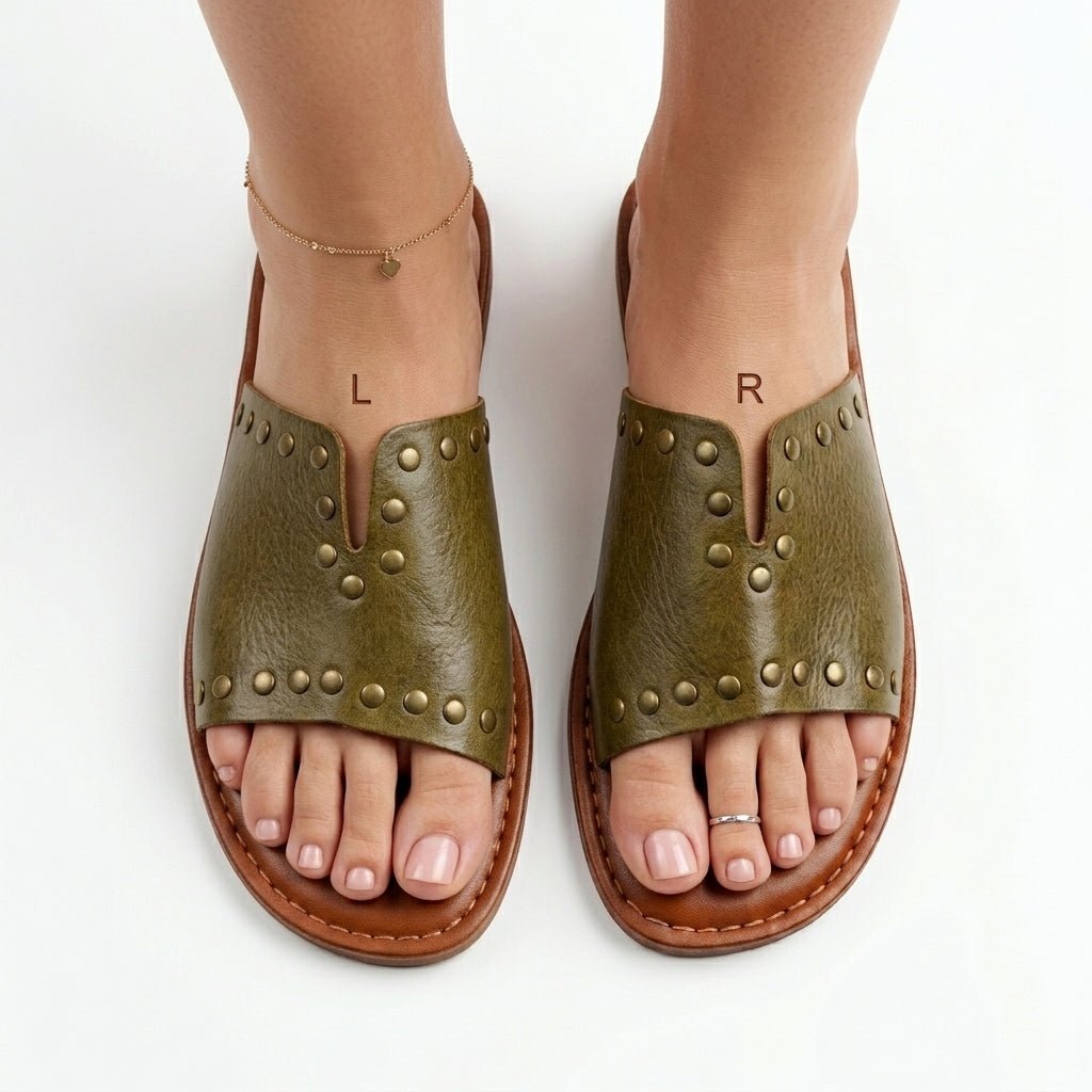 Mules en Cuir Vert Olive Cloutées pour Femme - Style Unique - YaMiriam