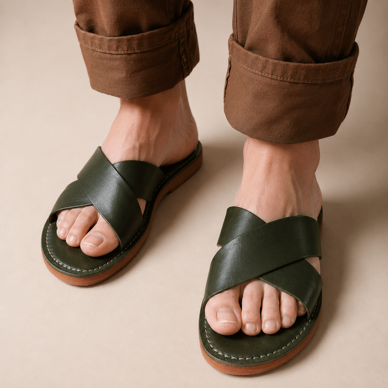 Sandales Cuir Vert Olive & Chibi Homme - Style Croisé - YaMiriam