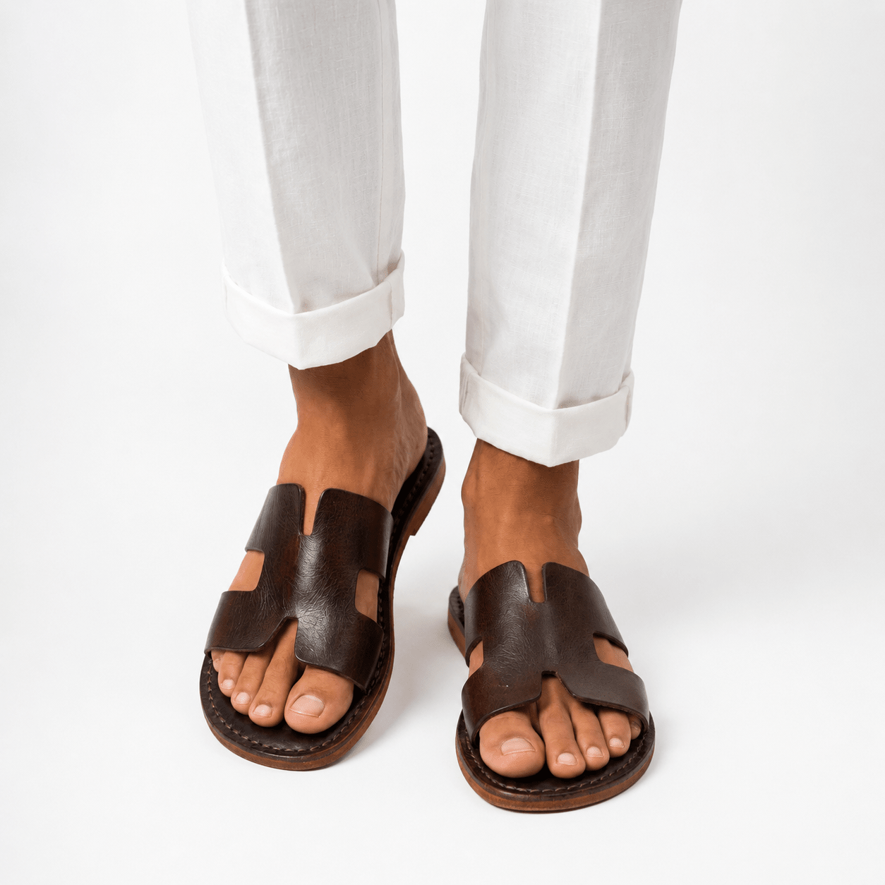 Sandales d'Été en Cuir Marron Patiné | Homme - YaMiriam