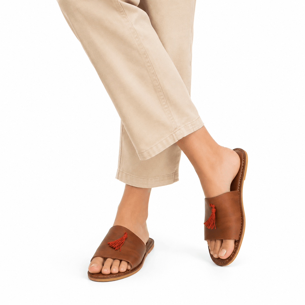 Sandales Femme Marron avec Pompon Orange - YaMiriam