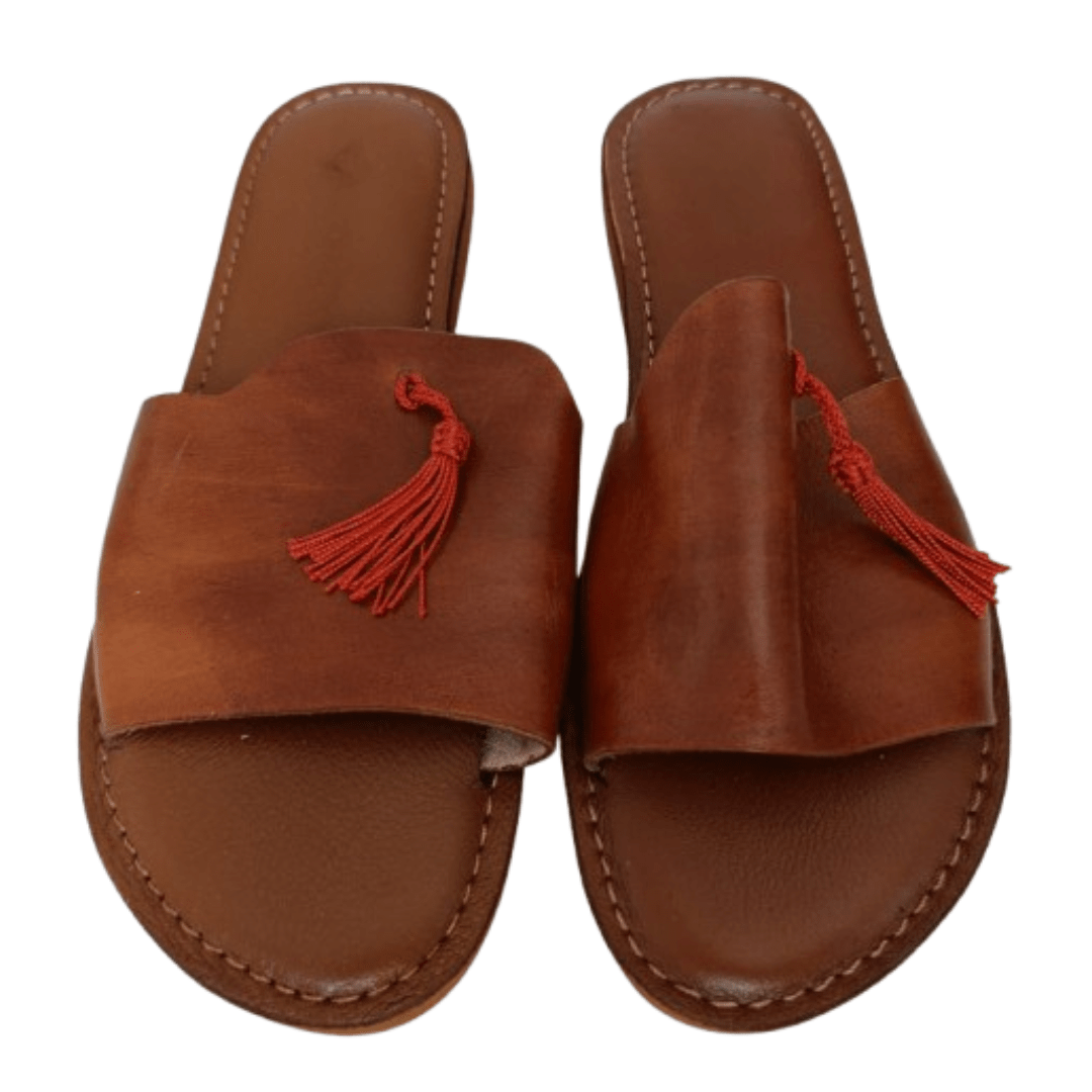 Sandales Femme Marron avec Pompon Orange - YaMiriam