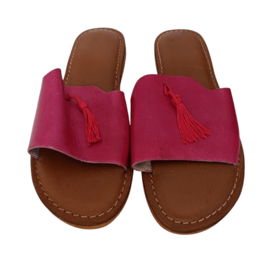 Sandales Femme Rouges avec Pompon en Cuir - YaMiriam