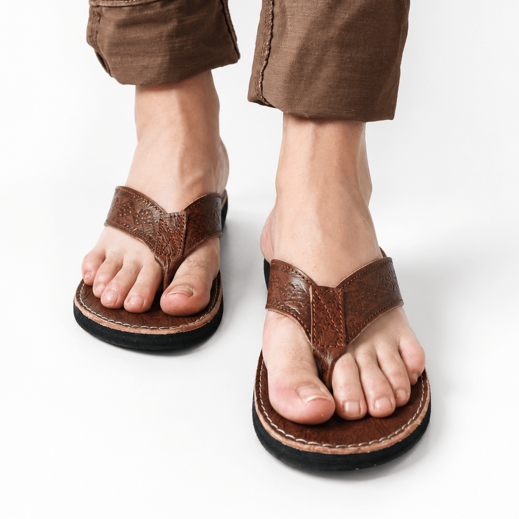 Sandales Homme en Cuir Véritable Marron | Tong Artisanale Fait Main au Maroc | Sandales Été Confort – Yamiriam - YaMiriam