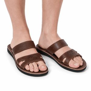 Sandales Ouvertes Homme en Cuir Véritable Marron | Double Bride Artisanale | Fait Main au Maroc – Yamiriam - YaMiriam