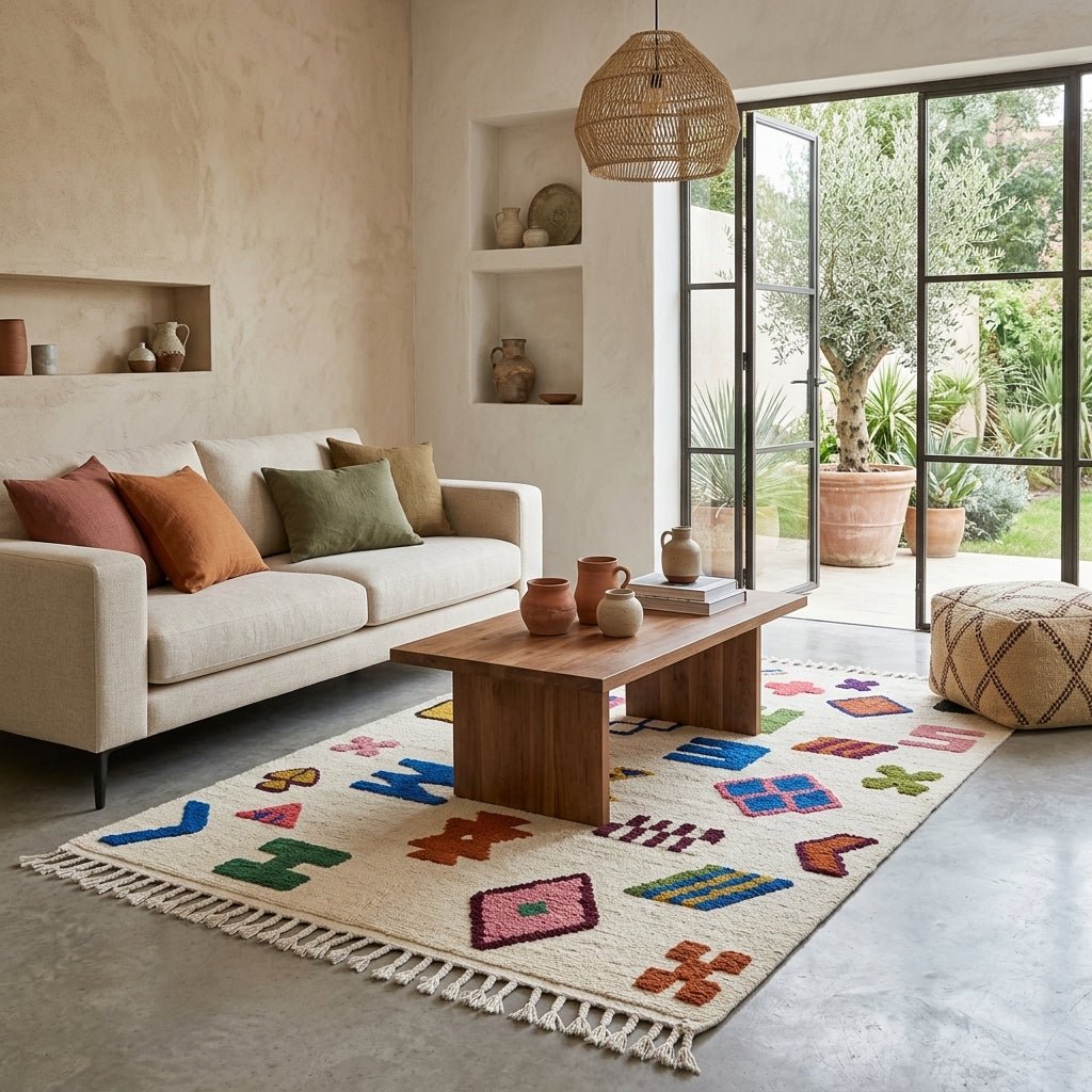 Tapis Azilal Bleu & Motifs Berbères Colorés | Yamiriam - YaMiriam
