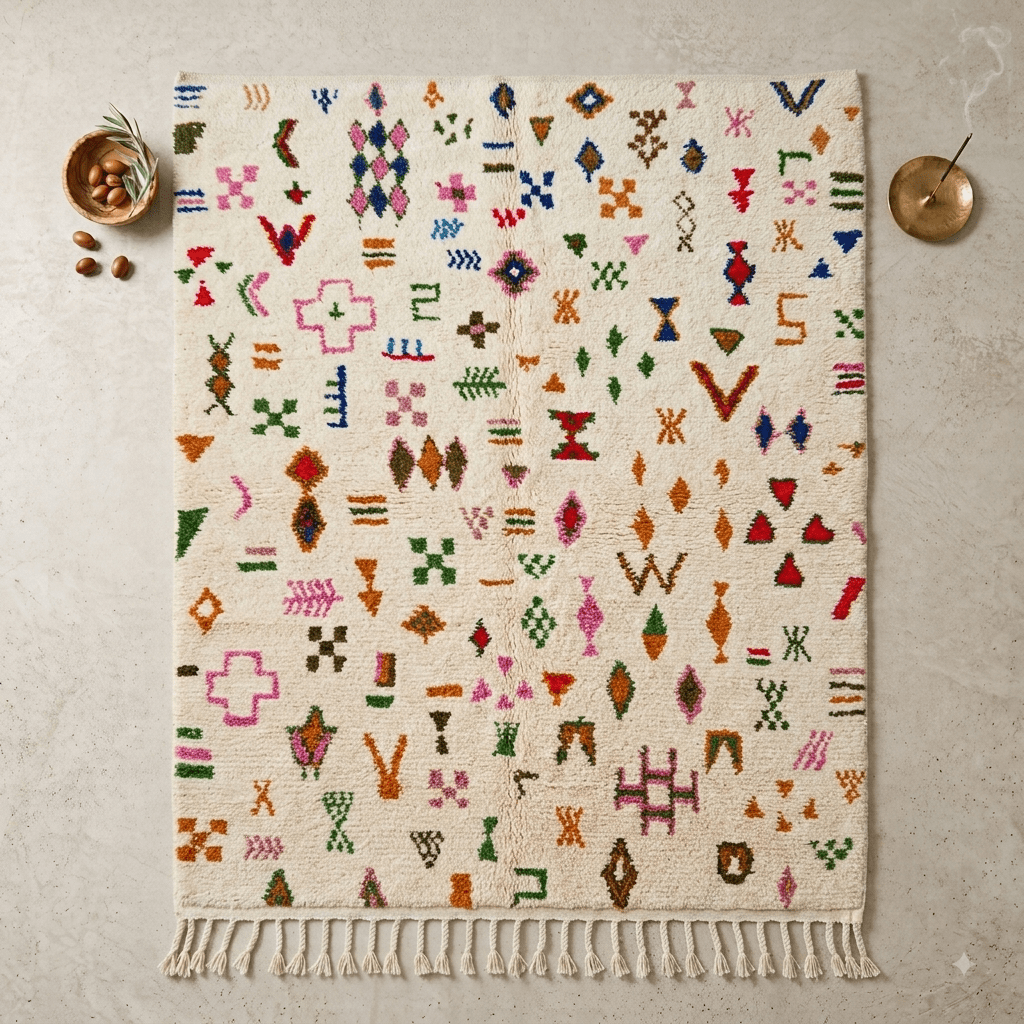 Tapis Azilal Bordure Damier & Symboles | Yamiriam - YaMiriam
