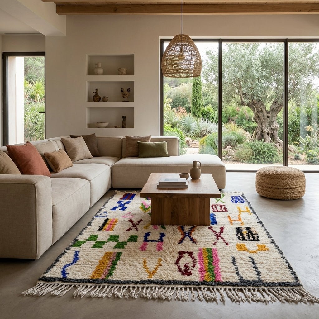 Tapis Azilal Bordures Sombres & Motifs Multicolores | Yamiriam - YaMiriam