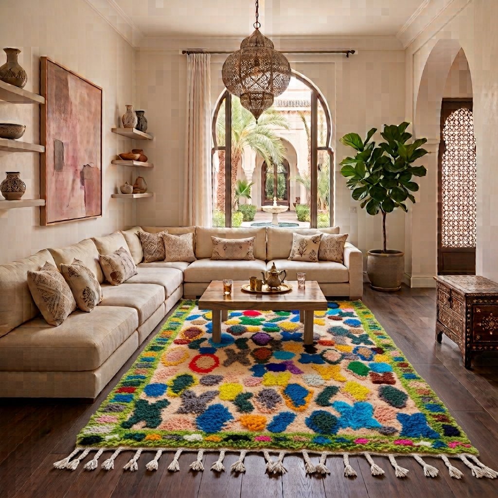 Tapis Azilal Boucherouite Beige & Motifs Colorés | Yamiriam - YaMiriam