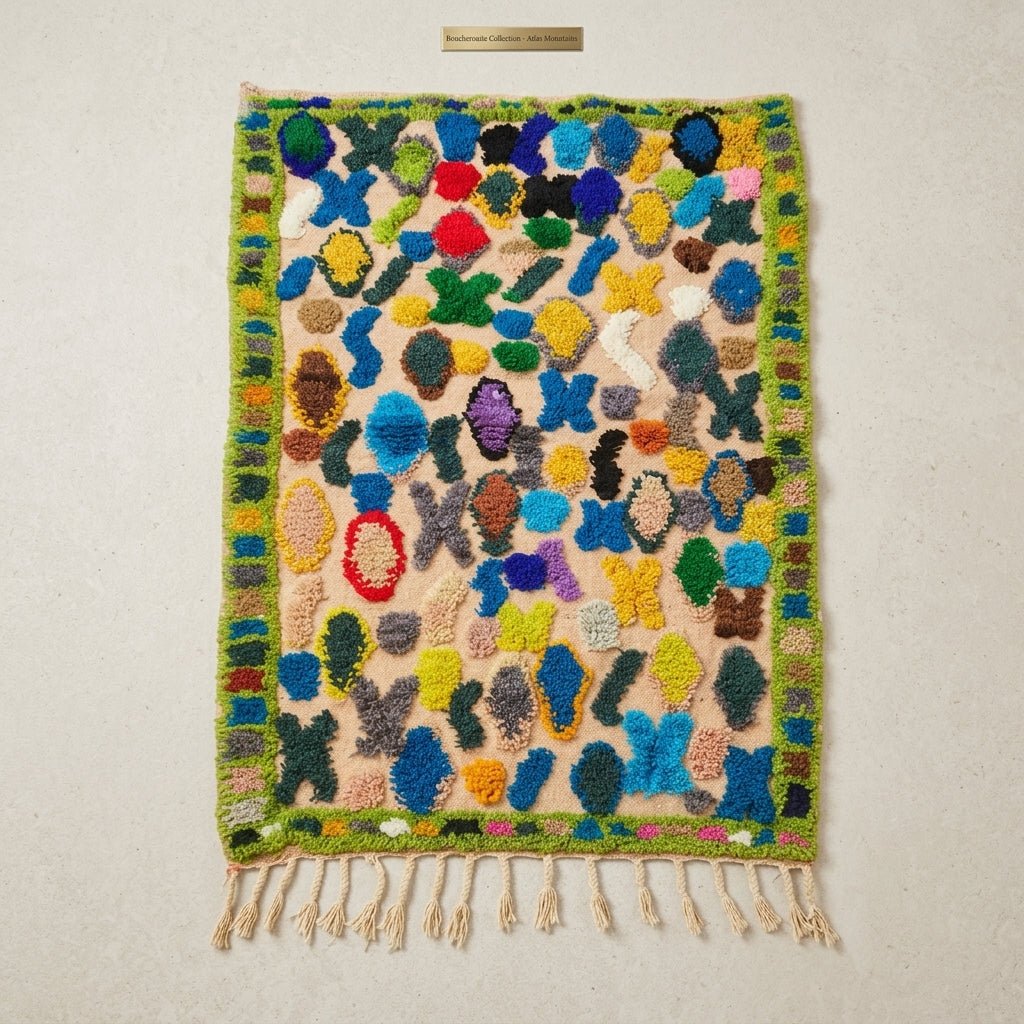 Tapis Azilal Boucherouite Beige & Motifs Colorés | Yamiriam - YaMiriam