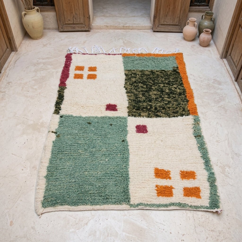 Tapis Azilal Boujaad Damier Vert & Crème | Yamiriam - YaMiriam