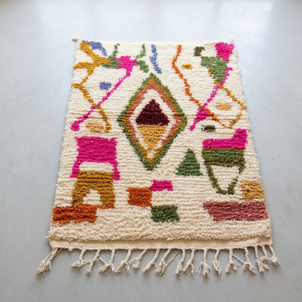 Tapis Azilal Crème & Grand Losange Central Coloré | Yamiriam - YaMiriam