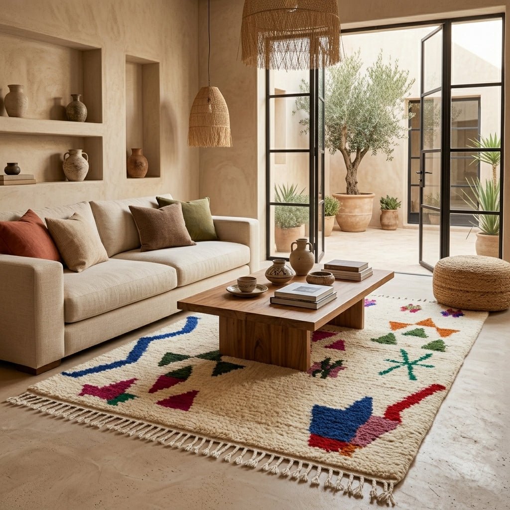 Tapis Azilal Crème & Motifs Abstraits Multicolores | Yamiriam - YaMiriam