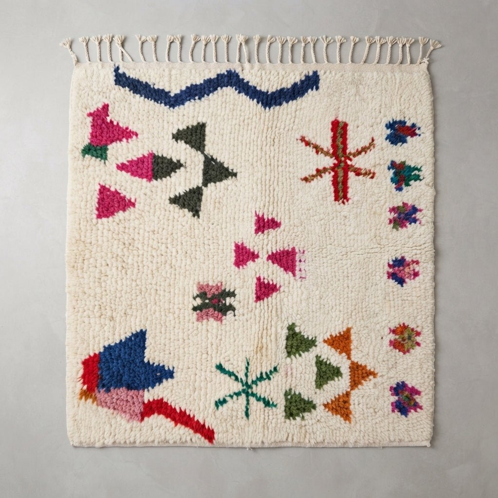 Tapis Azilal Crème & Motifs Abstraits Multicolores | Yamiriam - YaMiriam