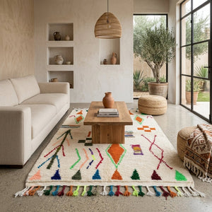 Tapis Azilal Crème & Motifs Berbères Colorés | Yamiriam - YaMiriam
