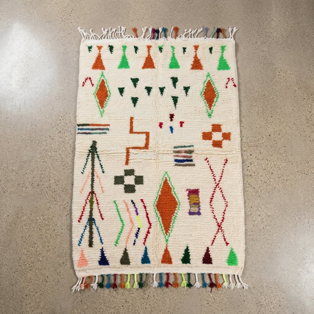 Tapis Azilal Crème & Motifs Berbères Colorés | Yamiriam - YaMiriam