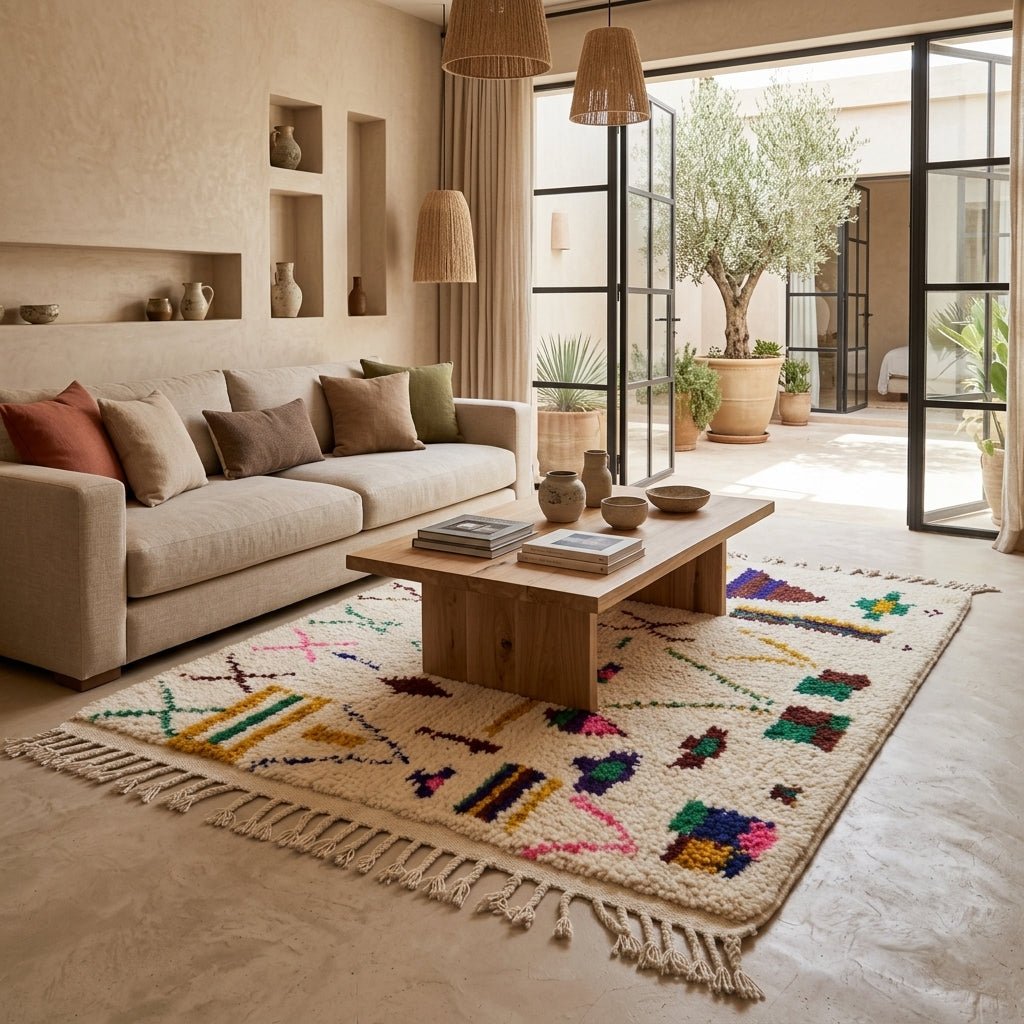 Tapis Azilal Crème & Motifs Berbères Colorés | Yamiriam - YaMiriam
